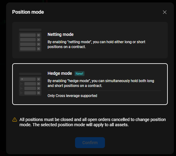 Hedge Mode: PrimeXBT&rsquo;s powerful addition to position management on the Crypto Futures platform - Web Switching modes open positions warning