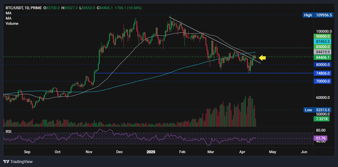 Bitcoin resilience amid trade wars, whale accumulation, a weaker USD, and record M2 money supply.&nbsp; - btc trendline 14042025