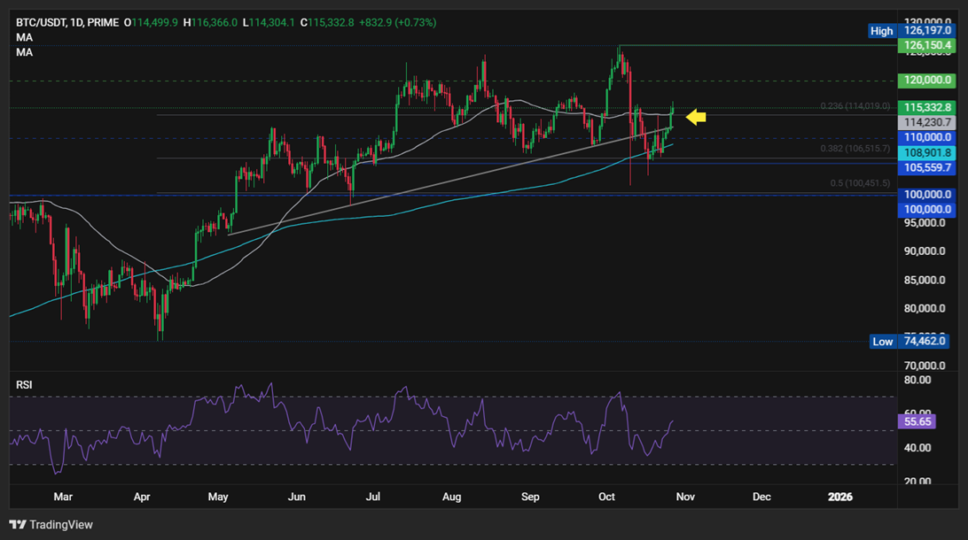 Bitcoin Breaks 115k, Rising Out of &ldquo;Fear&rdquo; on US-China Trade Optimism, Fed Rate Cut Hopes - btc
