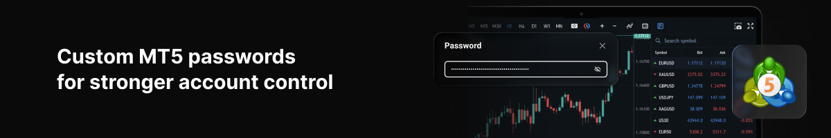 Explore the Overview page on Web, stronger MT5 controls, and improved trading tools on PrimeXBT - Custom MT5 passwords 1200x200 1